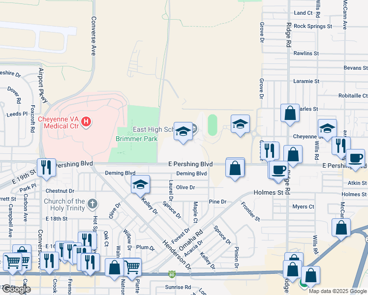 map of restaurants, bars, coffee shops, grocery stores, and more near 2800 East Pershing Boulevard in Cheyenne