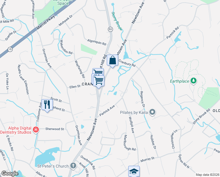 map of restaurants, bars, coffee shops, grocery stores, and more near 350 Newtown Avenue in Norwalk