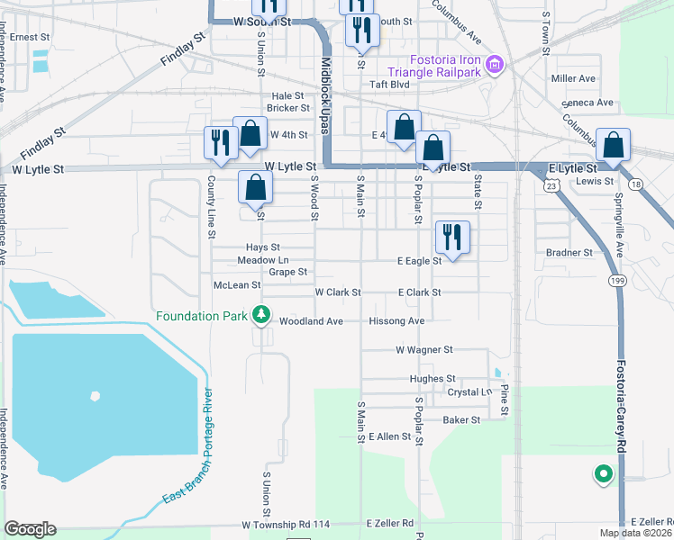 map of restaurants, bars, coffee shops, grocery stores, and more near 119 West Eagle Street in Fostoria