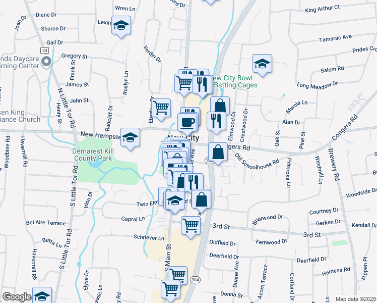 map of restaurants, bars, coffee shops, grocery stores, and more near 15 Maple Avenue in New City