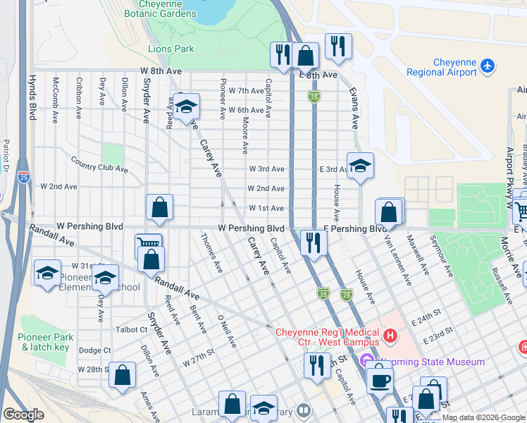 map of restaurants, bars, coffee shops, grocery stores, and more near 3312 Capitol Avenue in Cheyenne