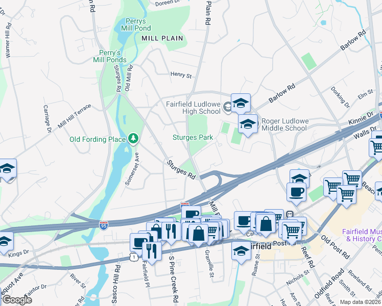 map of restaurants, bars, coffee shops, grocery stores, and more near 448 Mill Plain Road in Fairfield