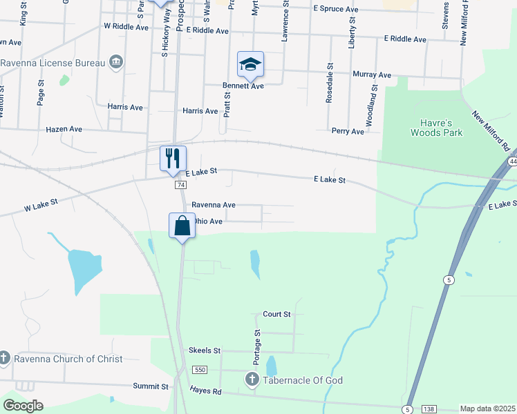 map of restaurants, bars, coffee shops, grocery stores, and more near 513 Ohio Avenue in Ravenna
