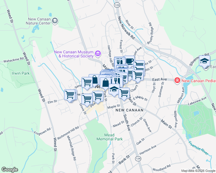 map of restaurants, bars, coffee shops, grocery stores, and more near in New Canaan