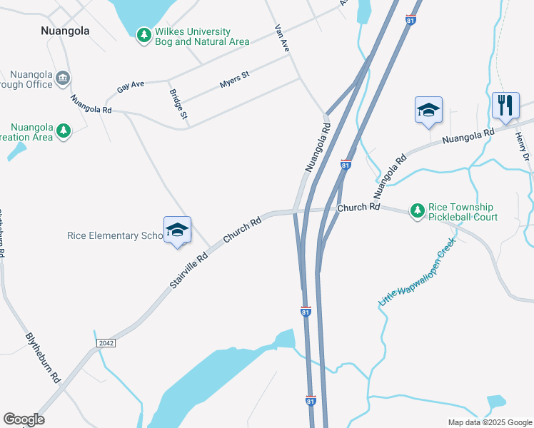 map of restaurants, bars, coffee shops, grocery stores, and more near 3415 Church Road in Mountain Top