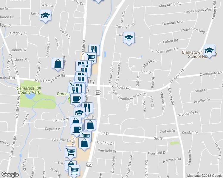 map of restaurants, bars, coffee shops, grocery stores, and more near 5 Old Schoolhouse Road in New City