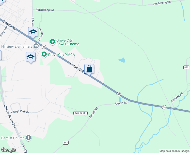 map of restaurants, bars, coffee shops, grocery stores, and more near 632 East Main Street Extension in Grove City