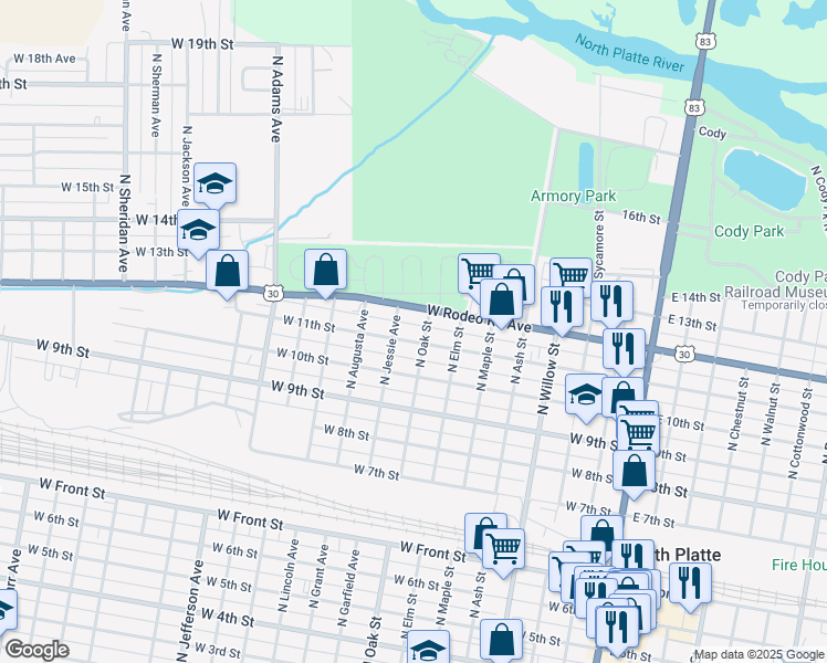 map of restaurants, bars, coffee shops, grocery stores, and more near 801-899 West 11th Street in North Platte