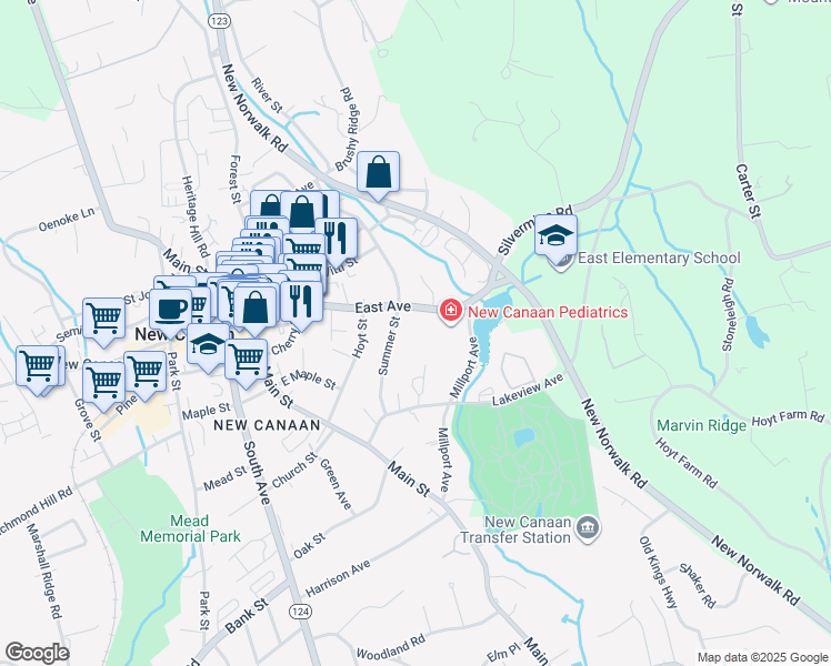 map of restaurants, bars, coffee shops, grocery stores, and more near 160 Summer Street in New Canaan