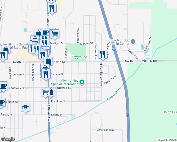 map of restaurants, bars, coffee shops, grocery stores, and more near 217 North Jackson Avenue in Bradley