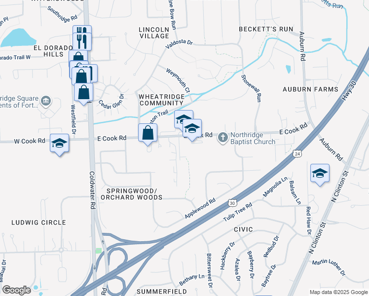 map of restaurants, bars, coffee shops, grocery stores, and more near 1000 East Cook Road in Fort Wayne