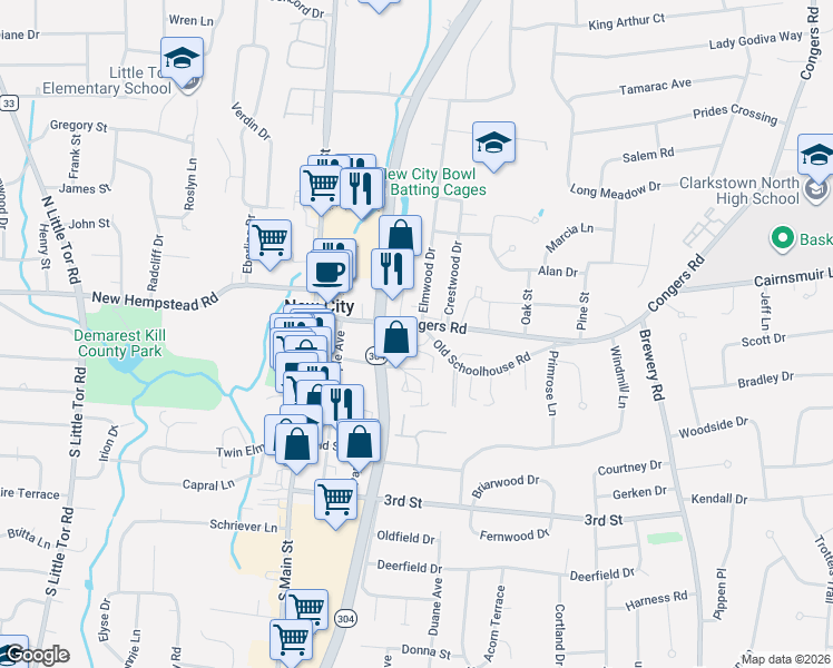 map of restaurants, bars, coffee shops, grocery stores, and more near 49 Congers Road in New City