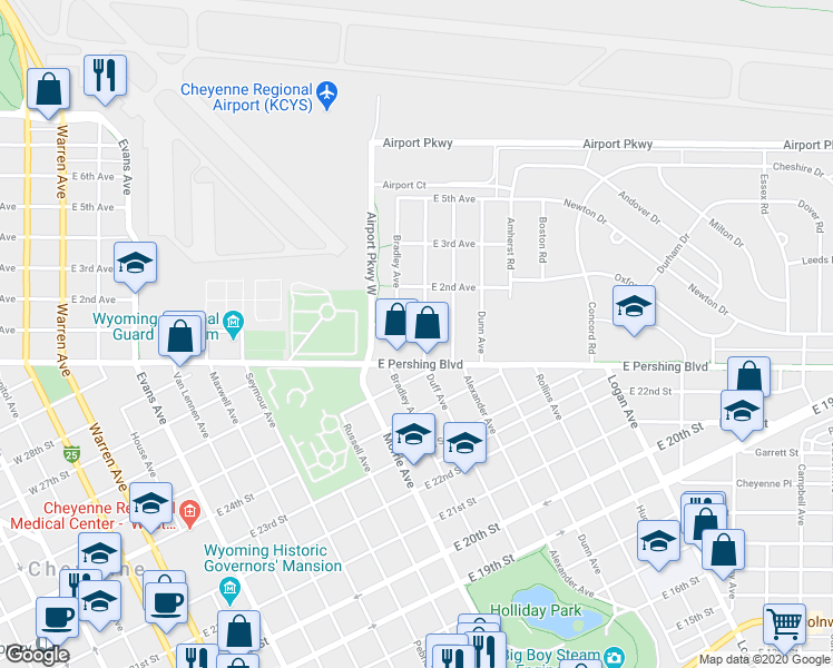 map of restaurants, bars, coffee shops, grocery stores, and more near 1028 East Pershing Boulevard in Cheyenne