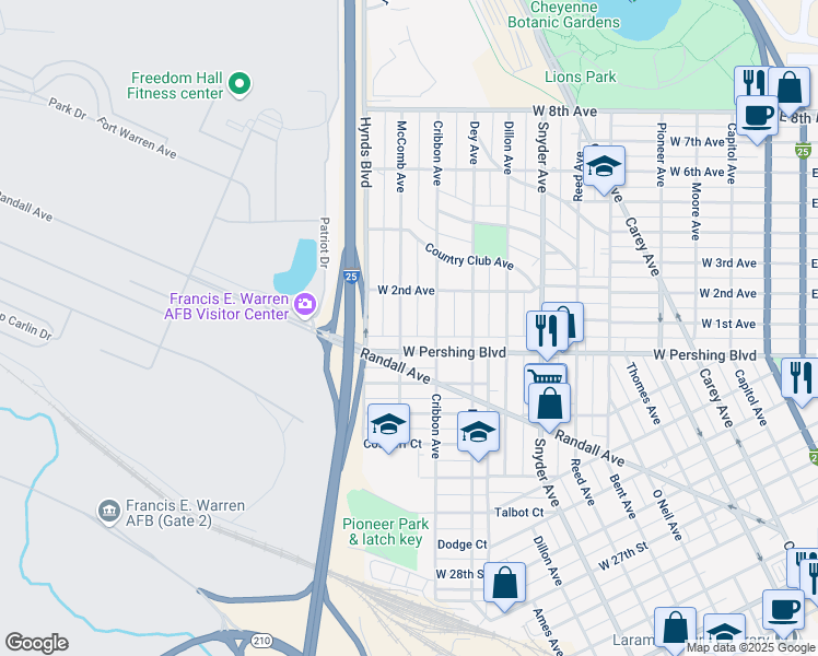 map of restaurants, bars, coffee shops, grocery stores, and more near 1320 West Pershing Boulevard in Cheyenne