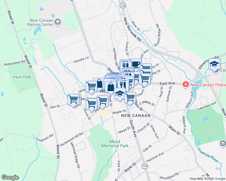 map of restaurants, bars, coffee shops, grocery stores, and more near  in New Canaan