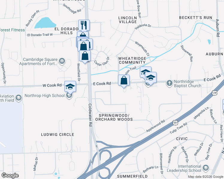 map of restaurants, bars, coffee shops, grocery stores, and more near 528 Grapevine Lane in Fort Wayne
