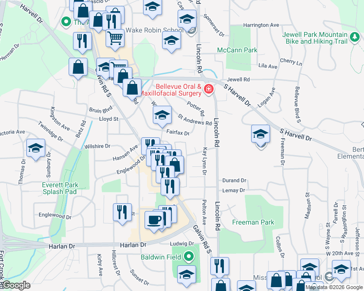 map of restaurants, bars, coffee shops, grocery stores, and more near 1210 Sunny Lane in Bellevue