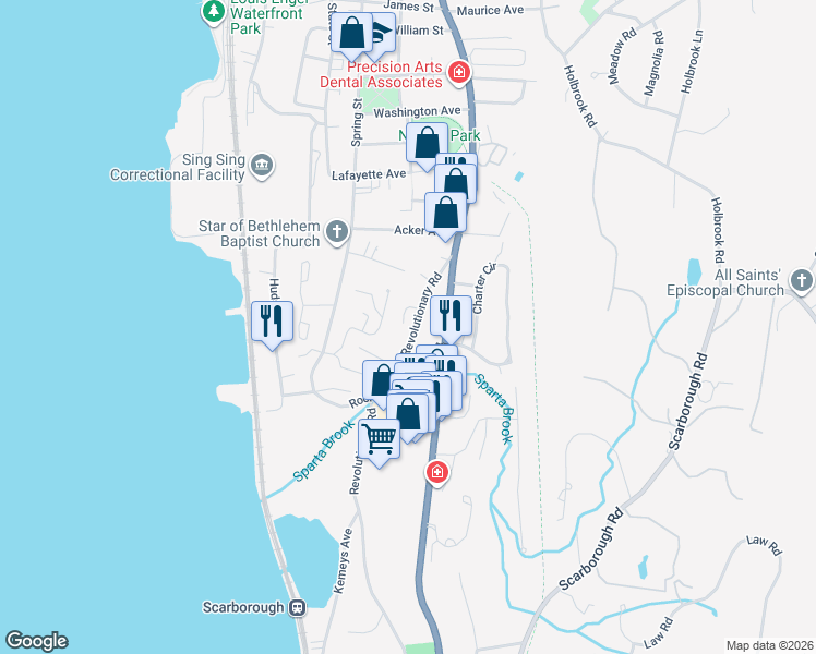 map of restaurants, bars, coffee shops, grocery stores, and more near 41 Revolutionary Road in Ossining