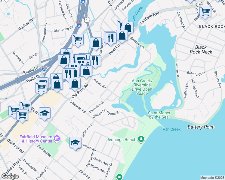 map of restaurants, bars, coffee shops, grocery stores, and more near 681 Riverside Drive in Fairfield