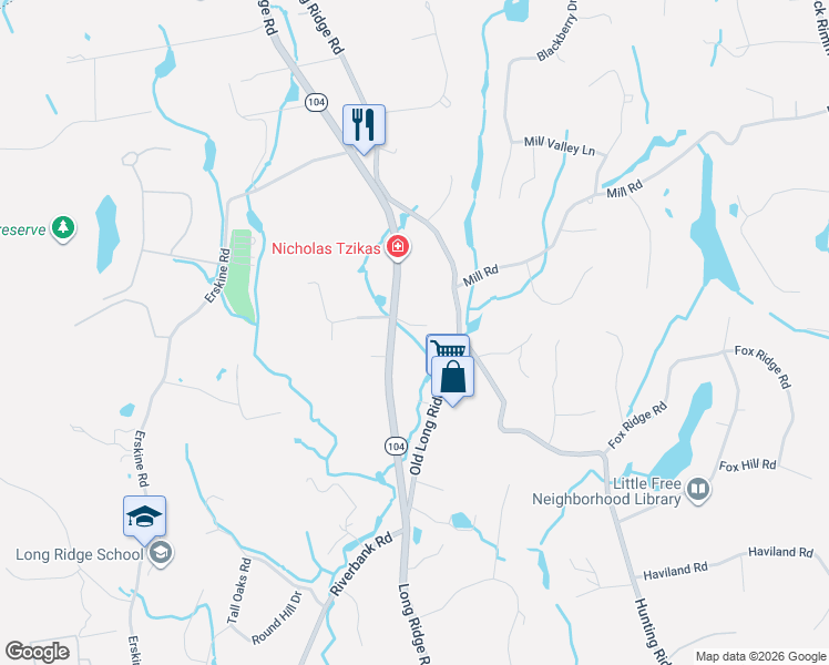 map of restaurants, bars, coffee shops, grocery stores, and more near 142 Old Long Ridge Road in Stamford