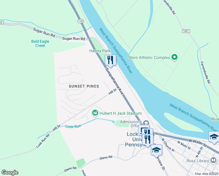 map of restaurants, bars, coffee shops, grocery stores, and more near 210 Melody Lane in Lock Haven