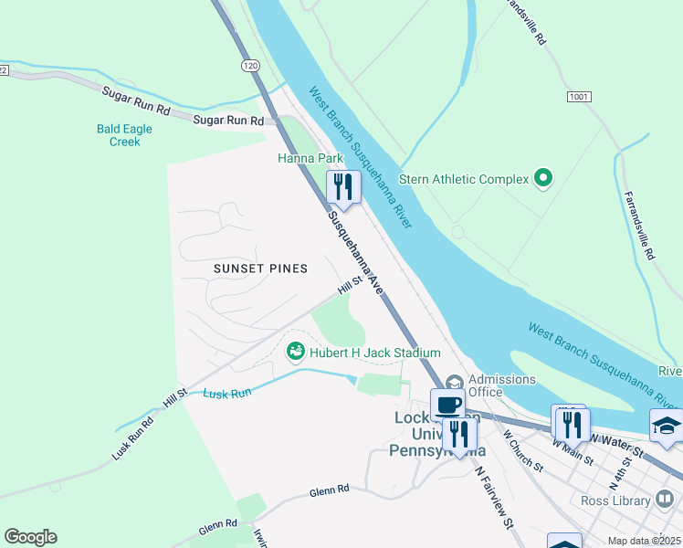 map of restaurants, bars, coffee shops, grocery stores, and more near 210 Melody Lane in Lock Haven