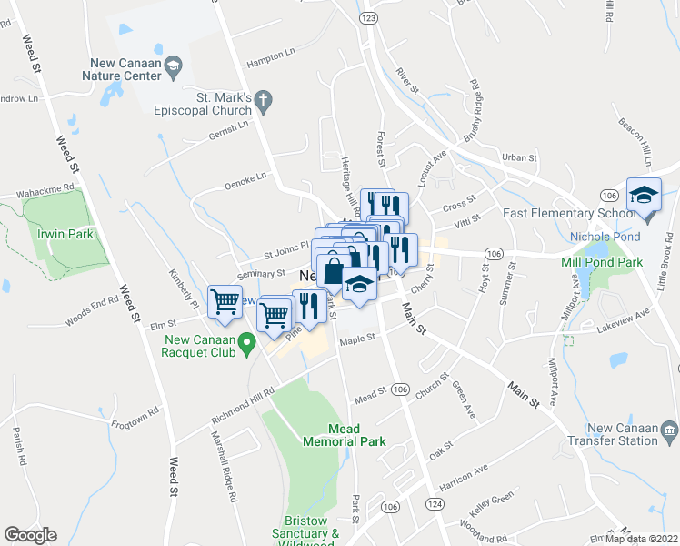 map of restaurants, bars, coffee shops, grocery stores, and more near 137 Elm Street in New Canaan