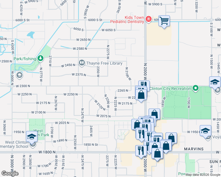 map of restaurants, bars, coffee shops, grocery stores, and more near 2263 West 2300 North in Clinton