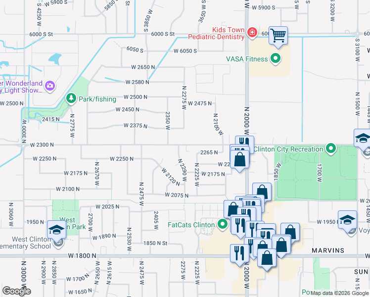 map of restaurants, bars, coffee shops, grocery stores, and more near 2277 West 2300 North in Clinton
