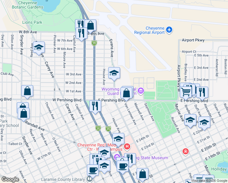 map of restaurants, bars, coffee shops, grocery stores, and more near 3398 Evans Avenue in Cheyenne
