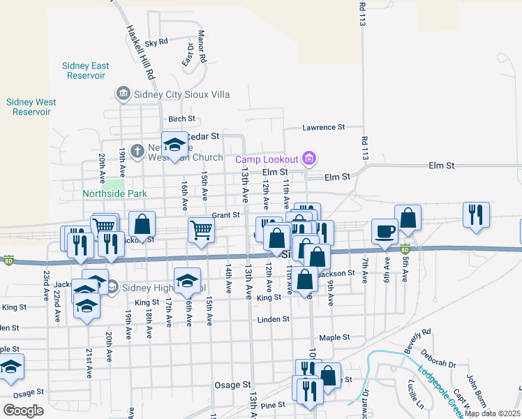 map of restaurants, bars, coffee shops, grocery stores, and more near 1220 Grant Street in Sidney