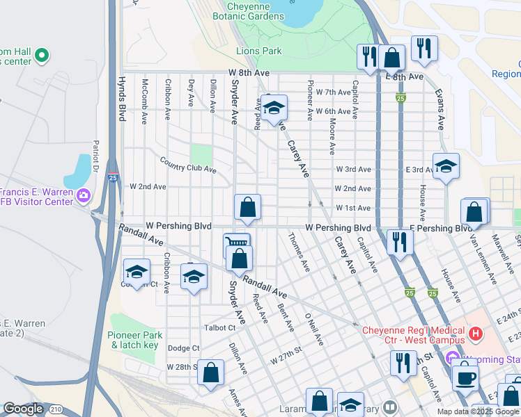 map of restaurants, bars, coffee shops, grocery stores, and more near 810 West Pershing Boulevard in Cheyenne