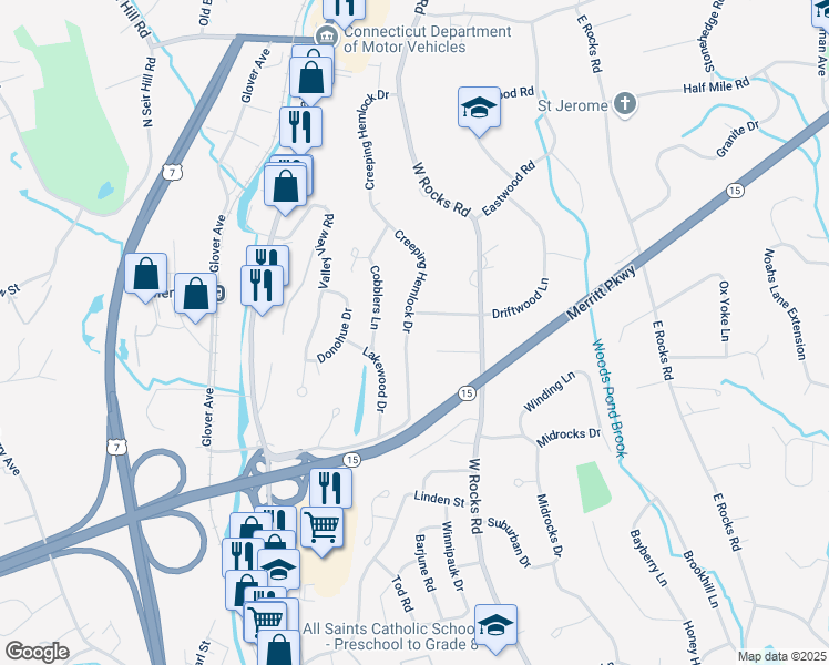 map of restaurants, bars, coffee shops, grocery stores, and more near 54 Creeping Hemlock Drive in Norwalk