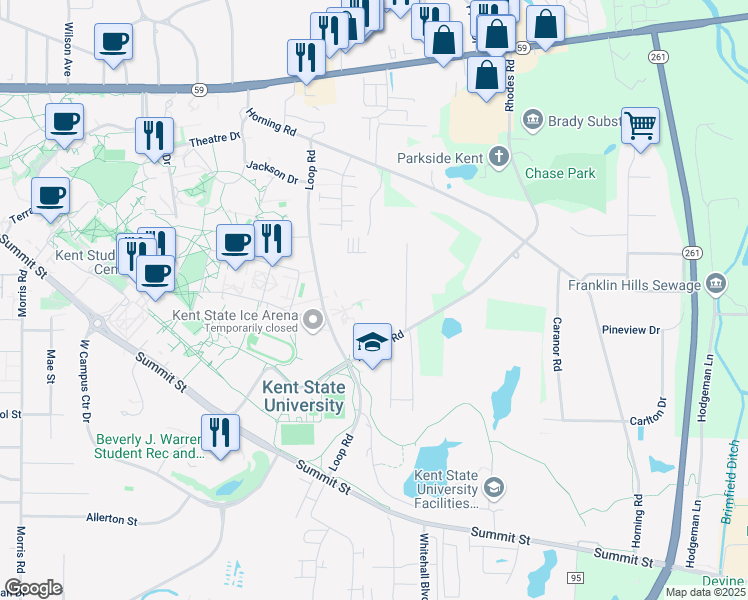 map of restaurants, bars, coffee shops, grocery stores, and more near 1800 Rhodes Road in Kent