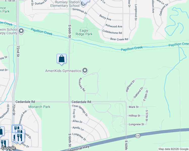 map of restaurants, bars, coffee shops, grocery stores, and more near 11219 Kentucky Road in Papillion