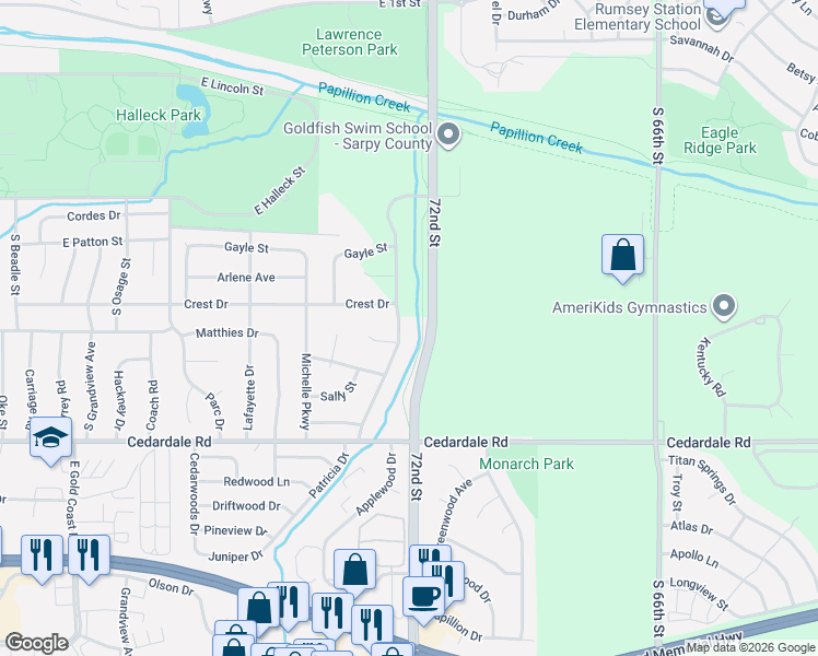map of restaurants, bars, coffee shops, grocery stores, and more near 1111 Patricia Drive in Papillion