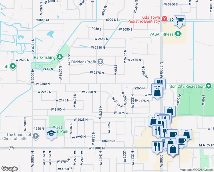 map of restaurants, bars, coffee shops, grocery stores, and more near 2443 West 2300 North in Clinton
