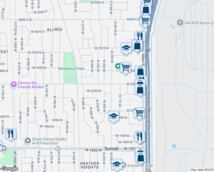 map of restaurants, bars, coffee shops, grocery stores, and more near 312 West 2250 North in Sunset