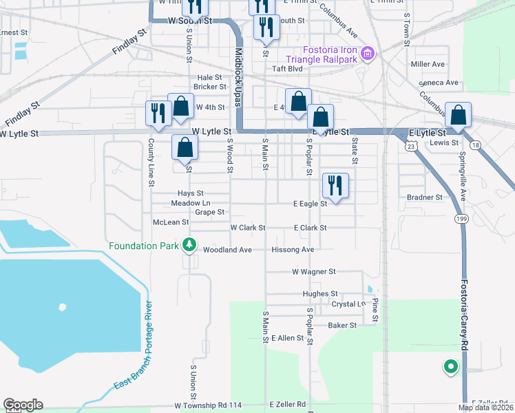 map of restaurants, bars, coffee shops, grocery stores, and more near 119 West Eagle Street in Fostoria