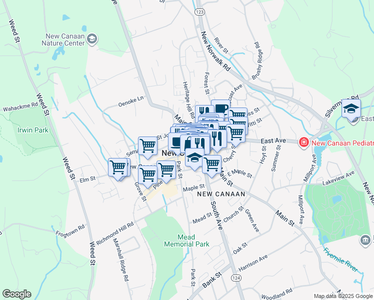 map of restaurants, bars, coffee shops, grocery stores, and more near 98 Elm Street in New Canaan
