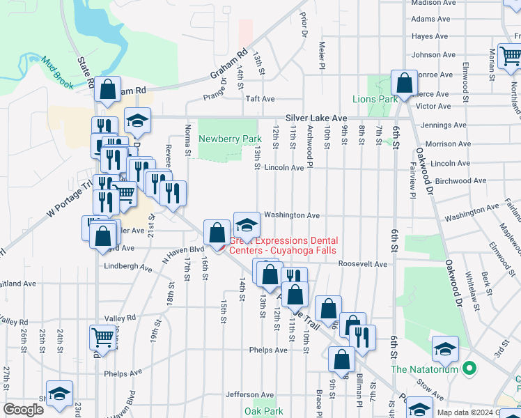 map of restaurants, bars, coffee shops, grocery stores, and more near 2705 13th Street in Cuyahoga Falls