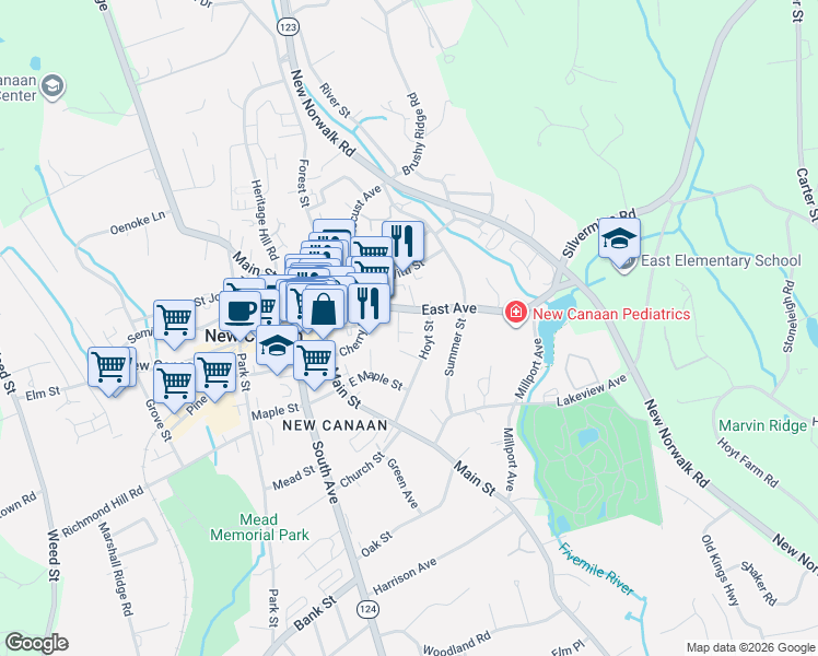map of restaurants, bars, coffee shops, grocery stores, and more near 25 Raymond Street in New Canaan