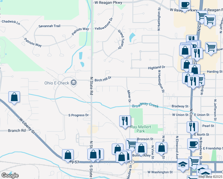 map of restaurants, bars, coffee shops, grocery stores, and more near 735-737 Miner Drive in Medina