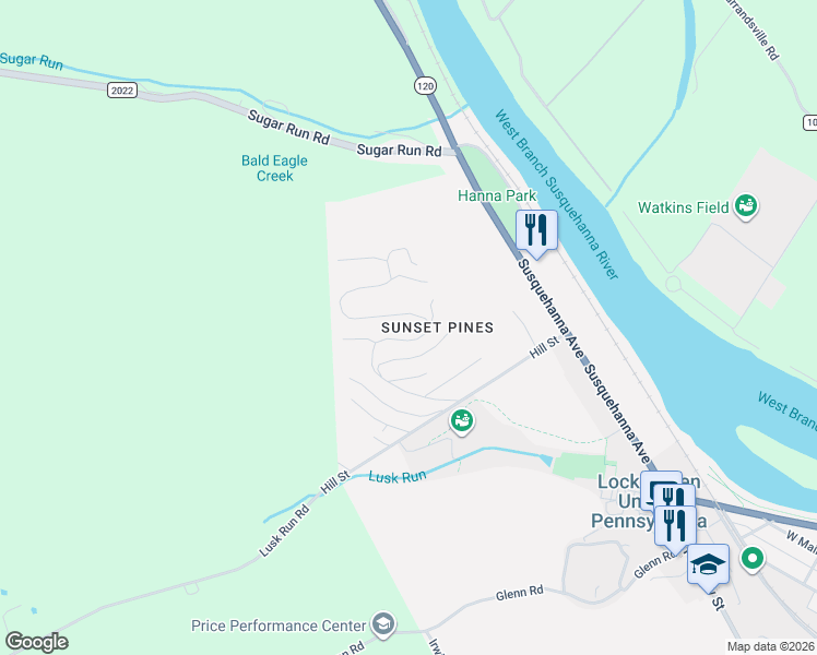 map of restaurants, bars, coffee shops, grocery stores, and more near 36 Sylvan Drive in Lock Haven