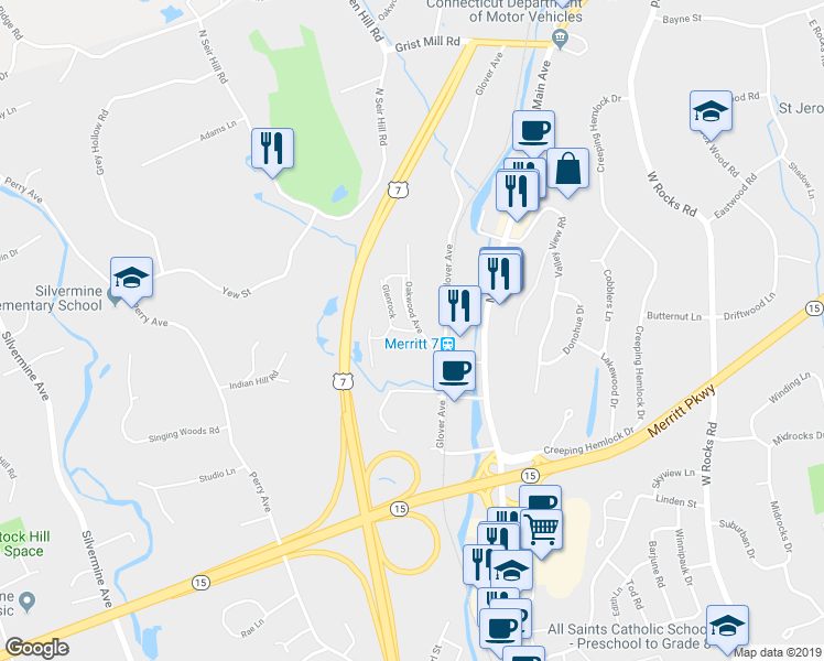map of restaurants, bars, coffee shops, grocery stores, and more near 10 Seir Hill Road in Norwalk
