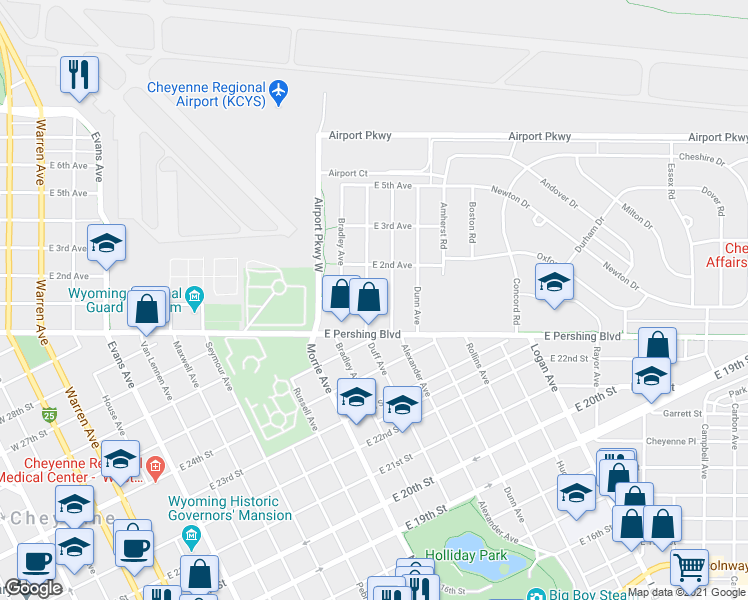 map of restaurants, bars, coffee shops, grocery stores, and more near 3333 Duff Avenue in Cheyenne