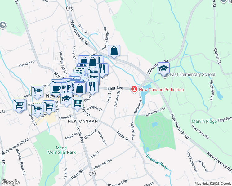 map of restaurants, bars, coffee shops, grocery stores, and more near 160 Summer Street in New Canaan