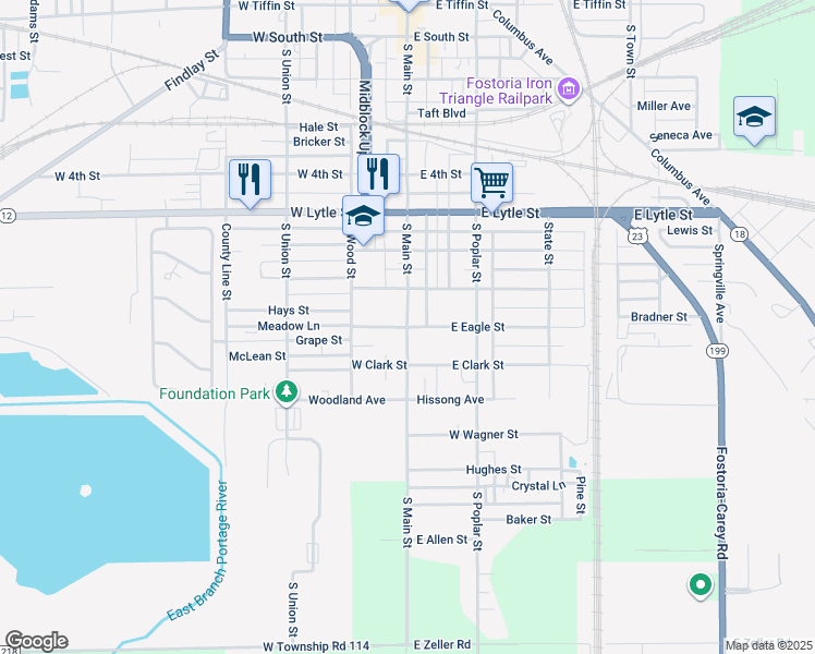 map of restaurants, bars, coffee shops, grocery stores, and more near South Main Street in Fostoria