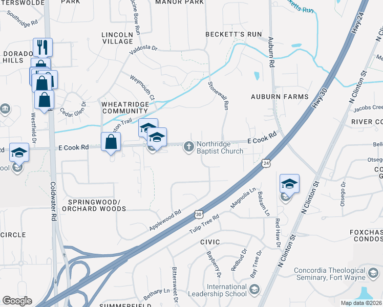 map of restaurants, bars, coffee shops, grocery stores, and more near 1300 East Cook Road in Fort Wayne