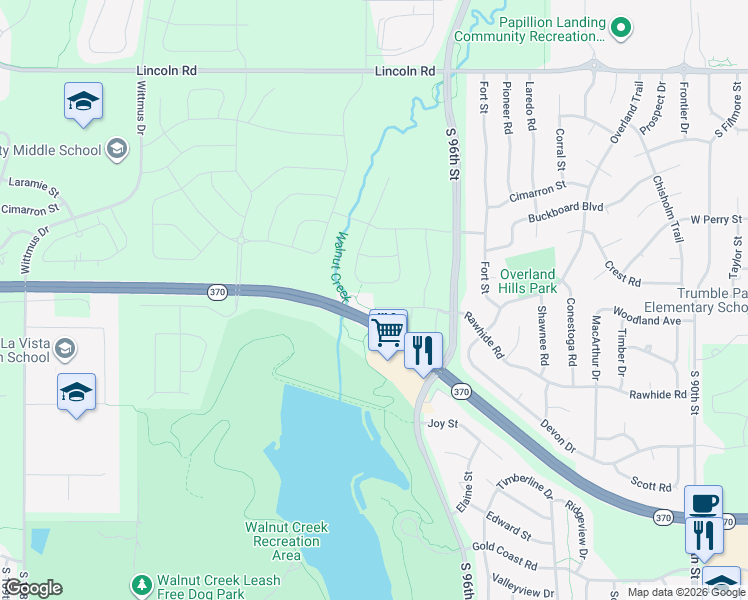 map of restaurants, bars, coffee shops, grocery stores, and more near 1410 Santa Fe Circle in Papillion